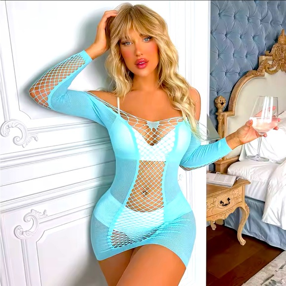 Baby Blue Fishnet Mesh Long Sleeve Off Shoulder Mini Dress - Picture 1 of 2